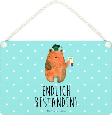 Produktbild von Mr. & Mrs. Panda Schild Bär Prüfung DIN A4 - Blau Pastell - Geschenk, Prüfungen, Abitur, kleine aufmerksamkeit, Abschlusszeugnis, Zeugnis, Bestanden, Holzschild, holzbild