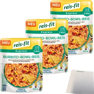 Produktbild von Reis-Fit Express Burrito-Bowl Reis 3er Pack (3x250g Packung) + usy Block