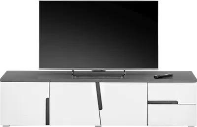 Produktbild von Lowboard BOSTON 5 mit Hochglanzfronten Weiß Anthrazit 3 Türen 2 Schubkästen