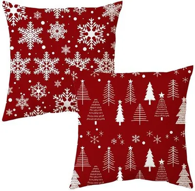 Zdjęcie produktu dla Zestaw 2 poduszek dekoracyjnych Unyqoos® o wymiarach 45x45 cm, czerwone, wykonane z mieszanki bawełny i lnu, z motywem świątecznym i ukrytym zamkiem błyskawicznym