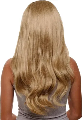 The back of a person wearing a grey tank top, with long blond hair.