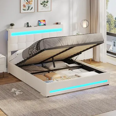 Imagen del producto de Cama hidráulica con espacio de almacenamiento, 140x200 cm, cama tapizada de matrimonio con LED y función de carga USB, estructura de cama funcional con espacio de almacenamiento y somier, color beige, sin colchón