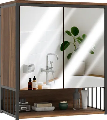 A bathroom cabinet with mirrored doors, showing a reflection of a faucet and a plant.