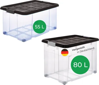 Produktbild von Novaliv 2 tlg Sparset Aufbewahrungsboxen mit Deckel Anthrazit 1x80 L + 1x 55L Nestbar stapelbar Clipverschluss Rollboxen BPA-frei
