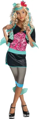 A young girl modeling a Monster High Lagoona Blue costume.