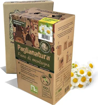 Productafbeelding van Paglianatura Bergheu 700g met kamille, verpakt in een dispenser - Natuurlijk voer en aromatherapie voor konijnen en knaagdieren
