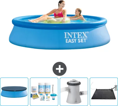 Produktbild von Intex runder aufblasbarer Easy Set-Pool – 244 x 61 cm – Blau – im Lieferumfang enthalten Abdeckung - Wartungspaket - Filterpumpe für Schwimmbad - Solarmatte