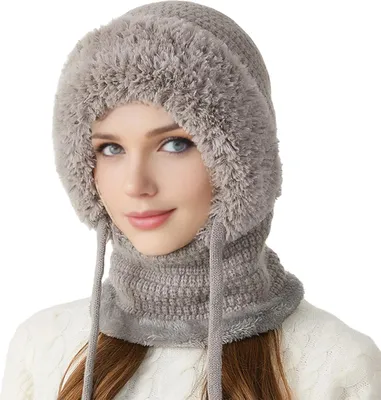 Produktbild von 3-in-1-Strickmütze für Damen: Weicher Plüsch-Winterschal mit Gesichtsschutz, verstellbaren Riemen und winddichtem Kapuzendesign.