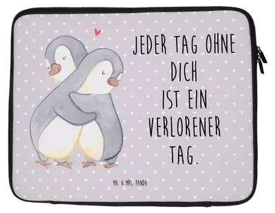Produktbild von Mr. & Mrs. Panda Laptop Tasche Pinguine Kuscheln 33 x 42 cm - Grau Pastell - Geschenk, Laptophülle, Laptoptasche, für Frauen, Freund, Sleeve, Jahrestag, Valentinstag