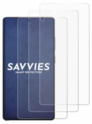 A product shot of multiple screen protectors for a smartphone, with the brand name visible on one of the protectors.