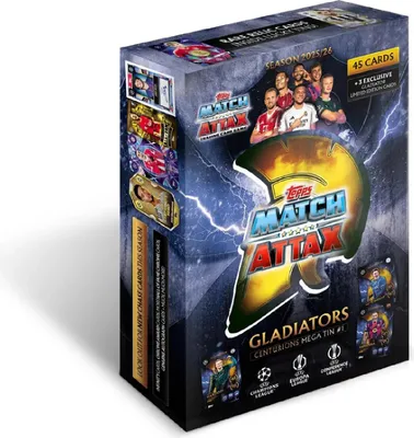 A box of Topps Match Attax trading cards, featuring football players and a gladiator helmet design.