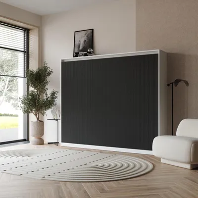 Produktbild von SMARTBett Schrankbett WAVES 160x200 Horizontal Front Anthrazit geriffelt Weiss/Anthrazit