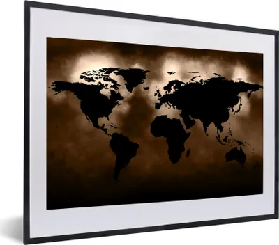 Produktbild von MuchoWow® MuchoWow® Gerahmtes Poster Weltkarte - Schwarz - Braun 60x40 cm - Poster mit zchwarzem Bilderrahmen - Schlafzimmer - Plakat in Rahmen - Drucken