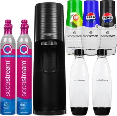 Produktbild von Sodastream Wassersprudler Terra Schwarz 2 Flaschen 2 Zylinder 3 Sirupe