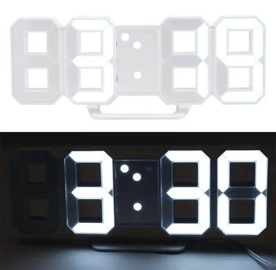 Produktbild von Moderne digitale 3D LED-Tisch- & Wanduhr mit Wecker, 7-Segment-Ziffern, dimmbar, zum Aufstellen oder Aufhängen, 21,5 x 7,3 cm, weiss