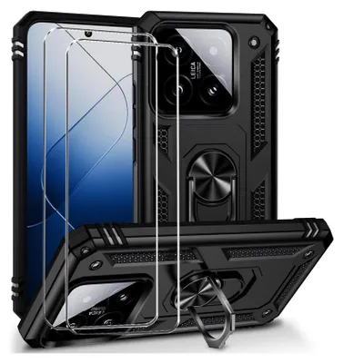 A black protective case with a screen protector for a smartphone, displayed from multiple angles.