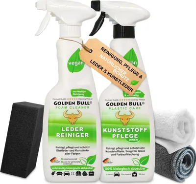 Produktbild von Golden Bull® Auto Reinigungsset Innenraum Leder & Kunststoff - Lederreiniger 500ml, Kunststoffpflege 500ml, Schwamm, Microfaser- & Baumwolltuch