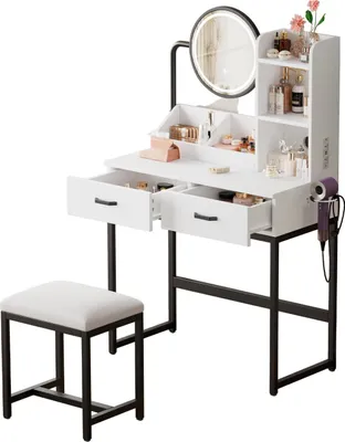 Produktbild von Moderner Schminktisch mit LED-Beleuchtung,drehbarem Spiegel & Steckdosen–inkl.Hocker&schwarz Metallbeinen–2 Schubladen+2 offene Ablageflächen