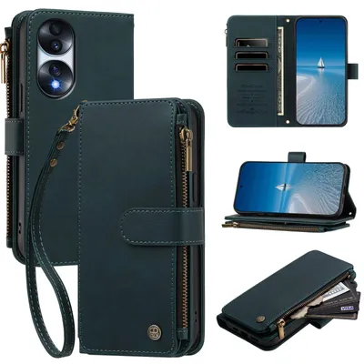 Image de Étui pour Honor 70, en cuir synthétique, type portefeuille, avec emplacements pour cartes, poche zippée, support et dragonne. Couleur : vert