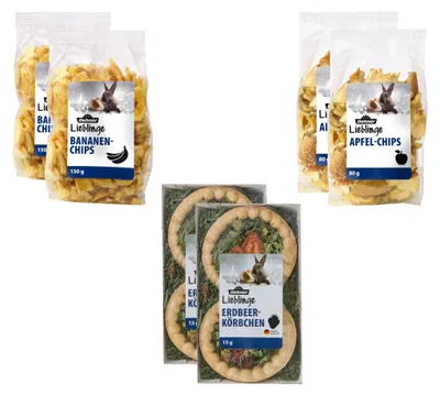 Produktbild von Dehner Lieblinge Nagersnack, Nagerfutter 100 % natürlich, Obst Mix, je 2 x Apfel-Chips (160 g), Bananen-Chips (300 g) und Erdbeer-Körbchen (30 g) (490 g)