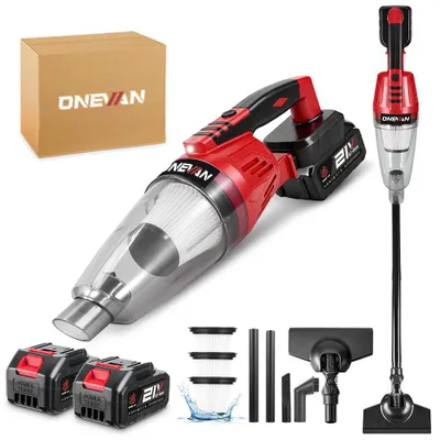 A collection of cordless vacuum cleaner components and accessories displayed on a white background.