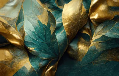 A close-up view of textured fabric with a leaf-like pattern in green and gold.