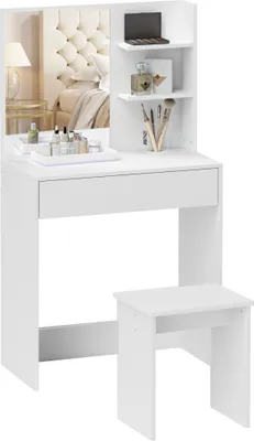 Immagine prodotto di HOMCOM Tavolo da Trucco a 3 Ripiani e Cassetti con Specchio e Sgabello, in Truciolato, 75x40x137 cm, Bianco
