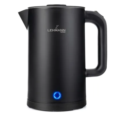 A black electric kettle is shown from a front-side angle against a white background.