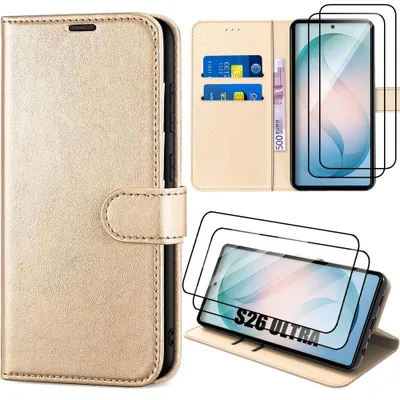 Image de Coque + 2 Verres Trempés pour Samsung Galaxy S26 Ultra, Protection Flip Case Anti-Rayures Antichoc CuirPolyuréthaneDoré