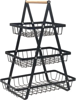 Obstetagere 3 Etagen Metall schwarz mit Holzgriff