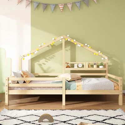 Produktbild von Kinderbett mit Lattenrost und Rausfallschutz, 90x200 cm, Hausbett, Einzelbett, Jugendbett, Kiefer