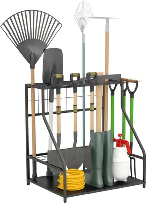 Image de Outsunny Organiseur d'outils de jardin avec crochets, porte-outils de garage à 3 niveaux, support d'outils de jardin pour sécateurs, pelles, râteaux pour jardin, garage orange