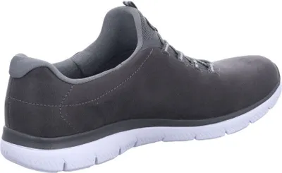A side view of a single gray sneaker on a white background.