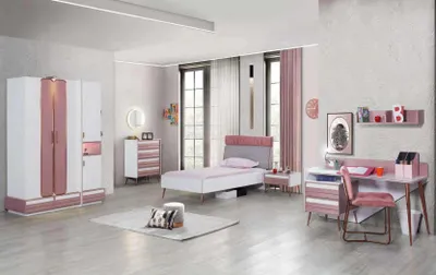 Produktbild von Komplett Jugendzimmer Kinderzimmer Set Tisch Bett Kleiderschrank Kommode 5tlg