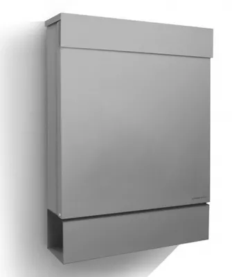 A gray mailbox mounted on a white wall.