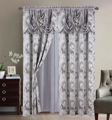 Produktbild von RUGS Jacquard Luxe: 2-teiliges Vorhangset mit Rüschenbesatz und Rückseite, geeignet für Schlafzimmer, Wohnzimmer und Esszimmer, Größe 54x84 Zoll, Farbe: Silbergrau