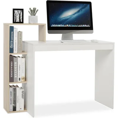 Productafbeelding van Bureau met computerruimte en een drielaags plankensysteem, ruimtebesparend, 110 x 40 x 92 cm, wit/eikenkleurig