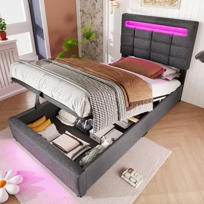 Zdjęcie produktu dla Lniane łóżko tapicerowane ze sterowaniem APP, oświetleniem LED, schowkiem hydraulicznym i gniazdem USB, 90x200 cm, szare