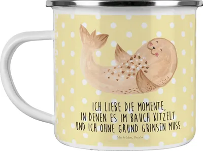 Produktbild von Mr. & Mrs. Panda Pott Robbe Liegen - Gelb Pastell - Geschenk, Emaille Tasse, Nordsee, Meerestier, Teetasse, Lustige Sprüche, Kaffeepott, Motivtasse, Strand, Ostsee