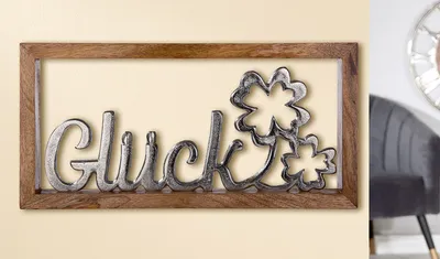 Produktbild von Gilde Rahmen "Glück" aus Mangoholz, mit Schriftzug aus Aluminium H: 20 cm B: 40 cm T: 3cm 42930