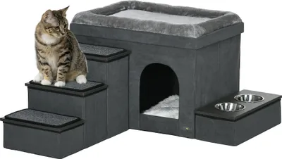 Immagine prodotto di PawHut grotta per gatti con scale, casa per gatti con 2 ciotole in acciaio inox, letto per gatti, casa per cani con cuscino, per gatti, cani fino a 8 kg, poliestere, 78 x 48 x 49,5 cm, grigio
