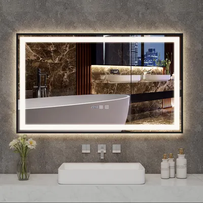Produktbild von Puluomis Badspiegel 100x60 beschlagfrei mit 3 Farbe Beleuchtung, dimmbare Helligkeit, Badezimmerspiegel mit Digitaluhr, Temperatur schwarz
