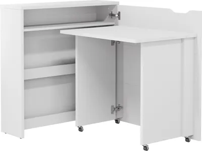 A white folding desk with storage shelves, shown in an open configuration.