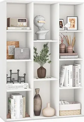 Produktbild von Bücherregal mit 11 Fächern, bodenstehendes Zimmerregal zur vertikalen oder horizontalen Aufstellung, Holzregal mit Rückwand für Arbeitszimmer, weiß