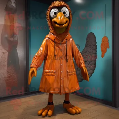 Produktbild von Rostfarbener REDBROKOLY Pfau als Maskottchen kostüm gekleidet mit Regenmantel und Schnürsenkeln