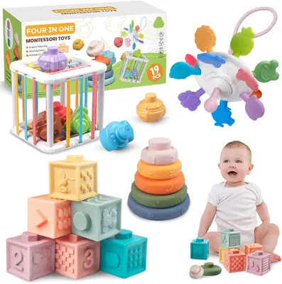Image de Jouets Montessori pour bébés - 1 jouet de motricité - Jeu de construction à empiler - Blocs de construction - Jouets sensoriels - Cadeau pour les bébés de 1 à 3 ans