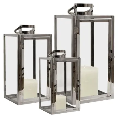 Produktbild von XXL 3er Set Gartenlaternen aus Edelstahl mit Windlicht und Glas 30/40/53 cm Silber