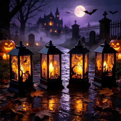 4x Halloween Kürbislaternen mit LED, schwarz, 12,5 cm, Outdoor Hängedeko