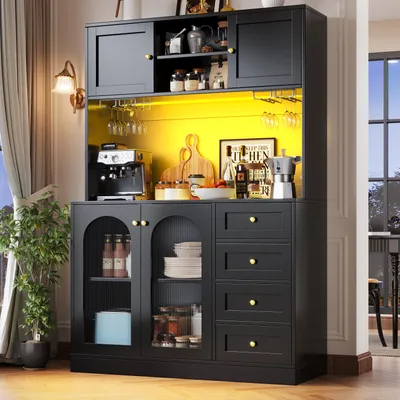 Zdjęcie produktu dla Szafka kuchenna Flieks z 4 drzwiami, listwą oświetleniową LED i uchwytami na napoje, szafka bufetowa 120 x 40 x 188 cm, szafka do przechowywania, czarna