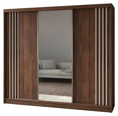Image de Armoire Neli de 240 cm avec lamelles et miroir, comprenant 3 portes coulissantes. Armoire coulissante (couleur : Noyer Warmia, lamelles blanches)